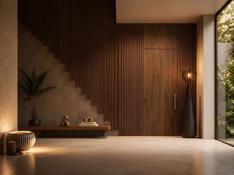 Warm walnut-panelled entryway detail, styled by Maria Home Decors