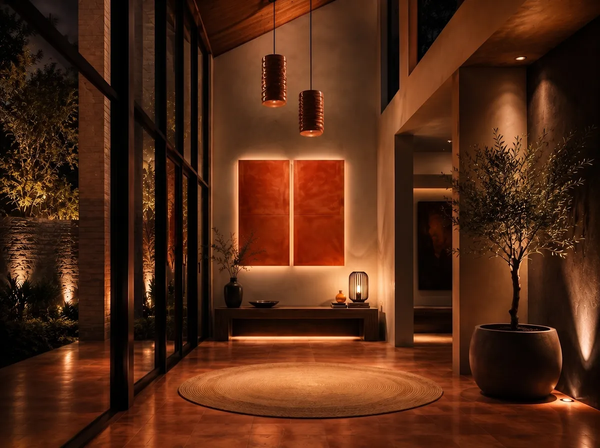 Warm walnut-panelled entryway with a wood-slat feature wall, styled by Maria Home Decors