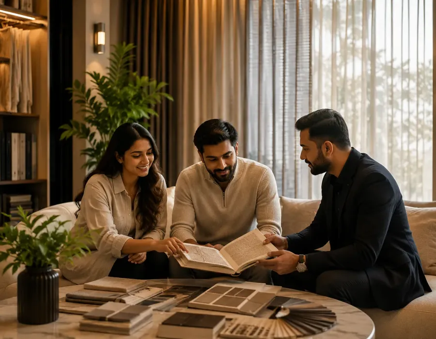 Design consultant reviewing fabric and flooring swatches with clients