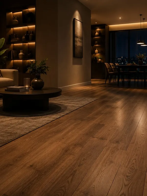 Wood plank flooring across an open living and dining area