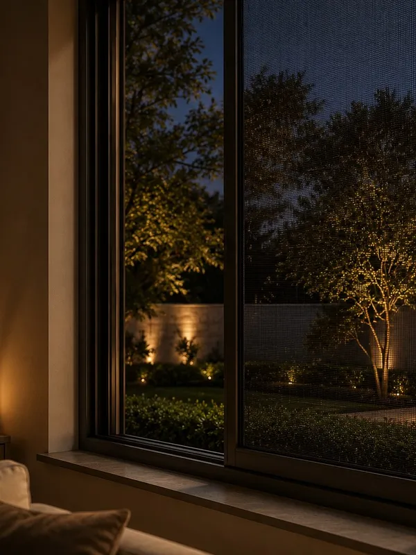 Sliding door mosquito mesh screen opening onto an evening garden