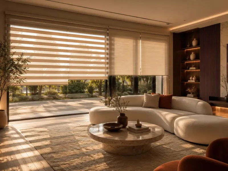 Zebra roller blinds in a modern living room