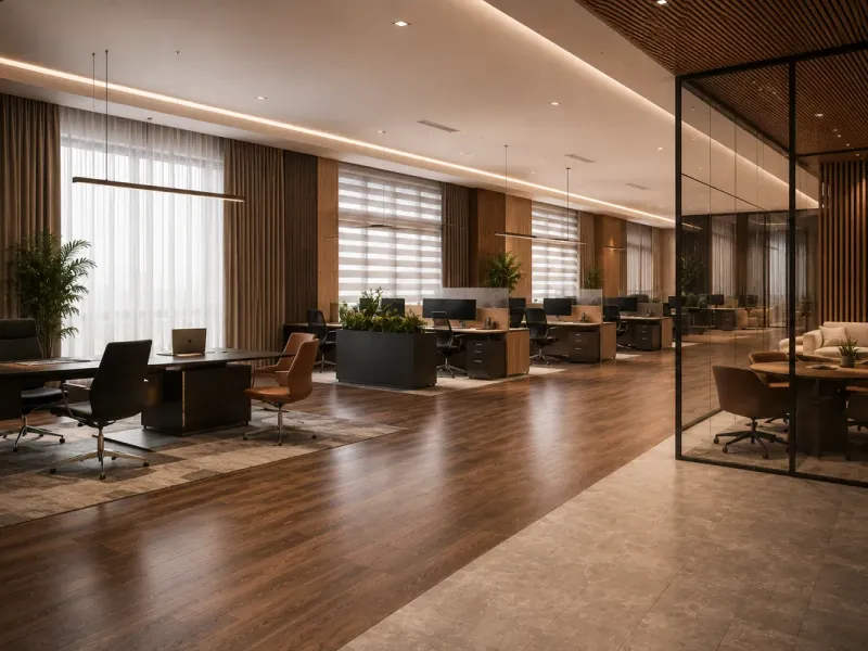 Open-plan corporate office with sheer curtains and roller shades