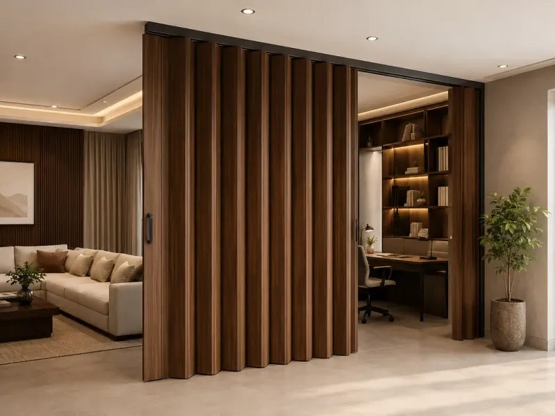 Wood-paneled accordion partition door dividing a living room from a home office