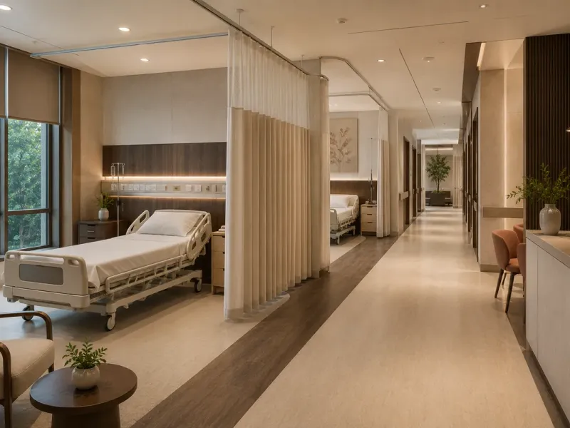 Hospital ward with privacy curtains and ceiling track system