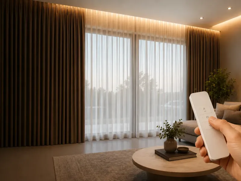 Hand using a remote control to operate motorized sheer curtains in a living room