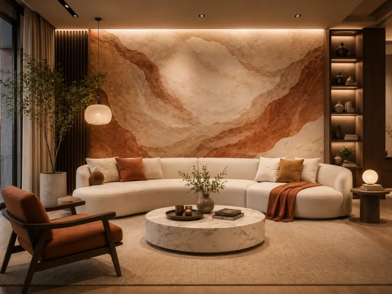 Textured stone-look feature wall behind a living room sofa