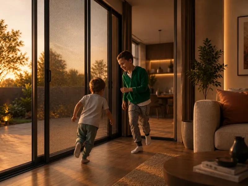 Retractable mosquito screen on a living room sliding door