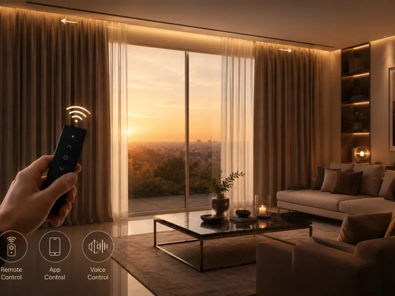 Hand using a remote control to operate motorized sheer curtains in a living room