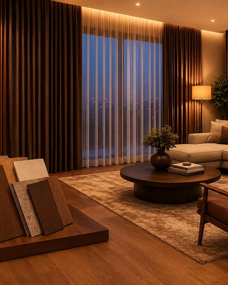Wood veneer and flooring sample swatches displayed in a warm living room with curtains and a city skyline view