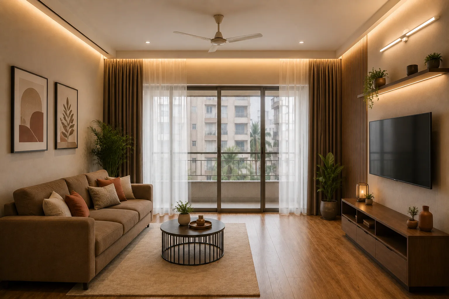 Living room after Maria Home Decors curtains and flooring installation