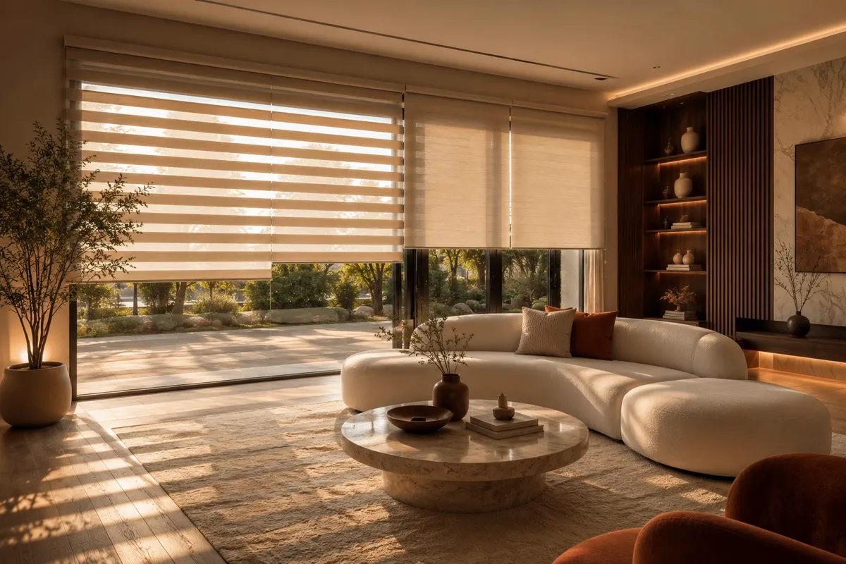 Zebra roller blinds in a modern living room