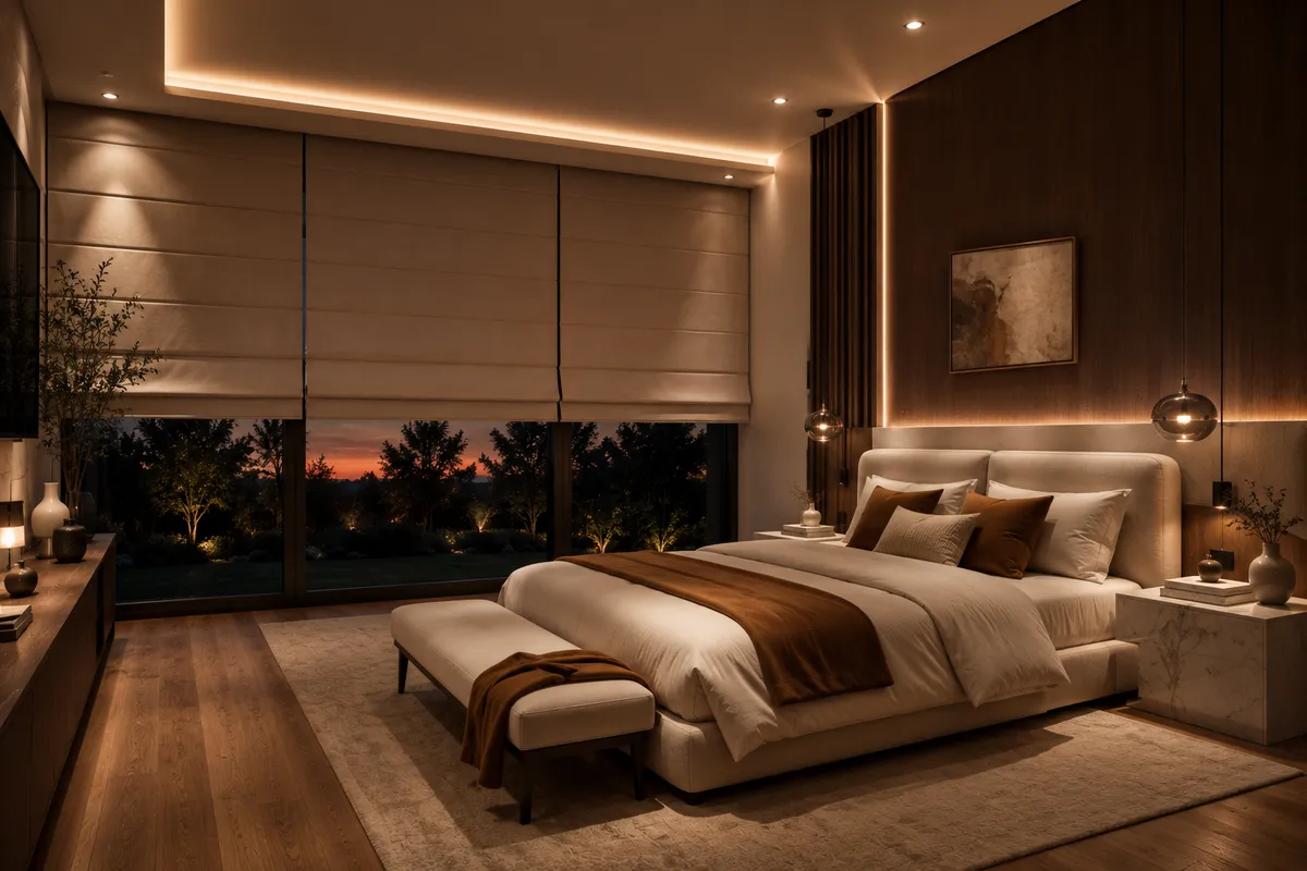 Fabric roman blind lowered in a bedroom at dusk