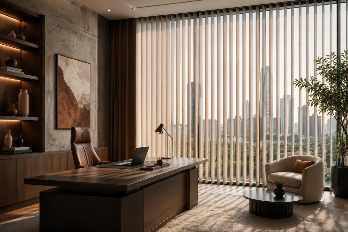 Vertical blinds in an office with a city skyline view