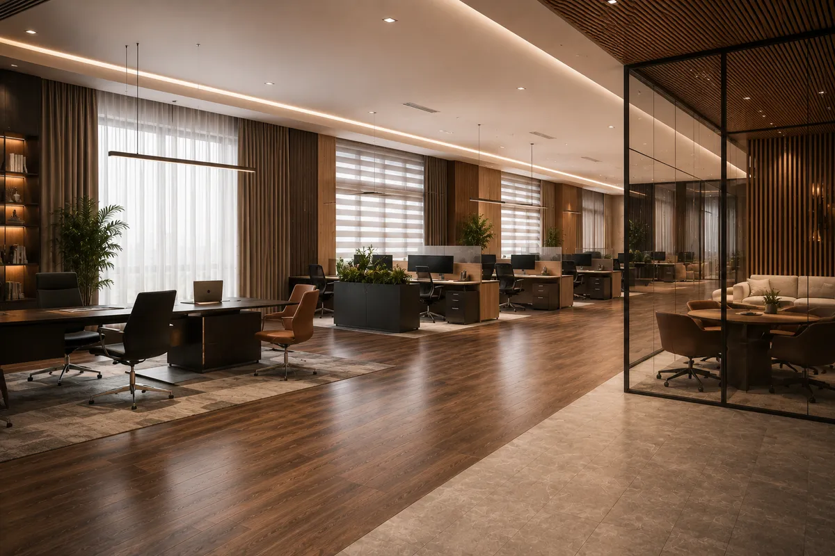 Open-plan corporate office with sheer curtains and roller shades