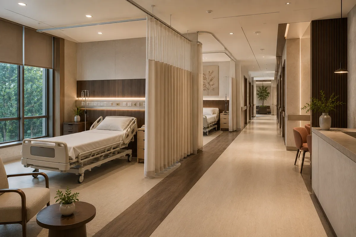 Hospital ward with privacy curtains and ceiling track system