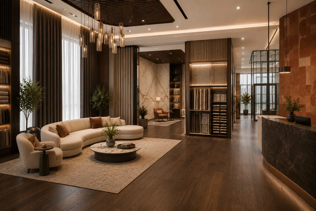 Design showroom with fabric, blind, and curtain sample displays