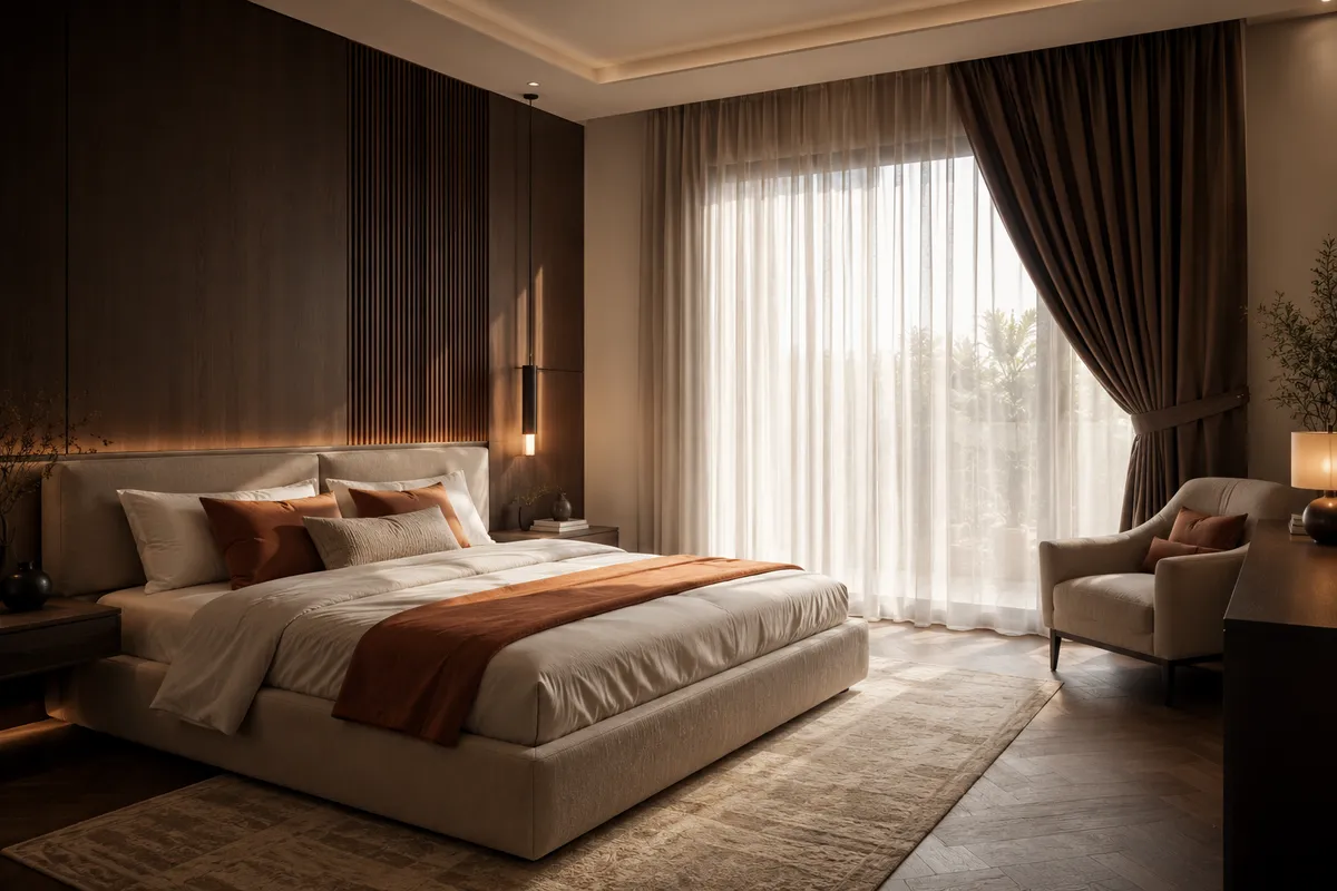 Heavy blackout curtains in a master bedroom