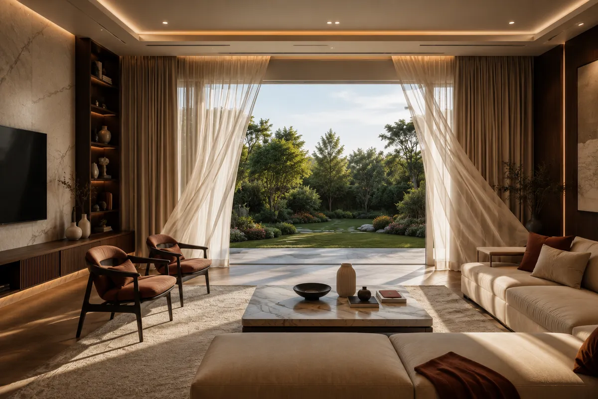 Floor-to-ceiling sheer curtains opening onto a garden view