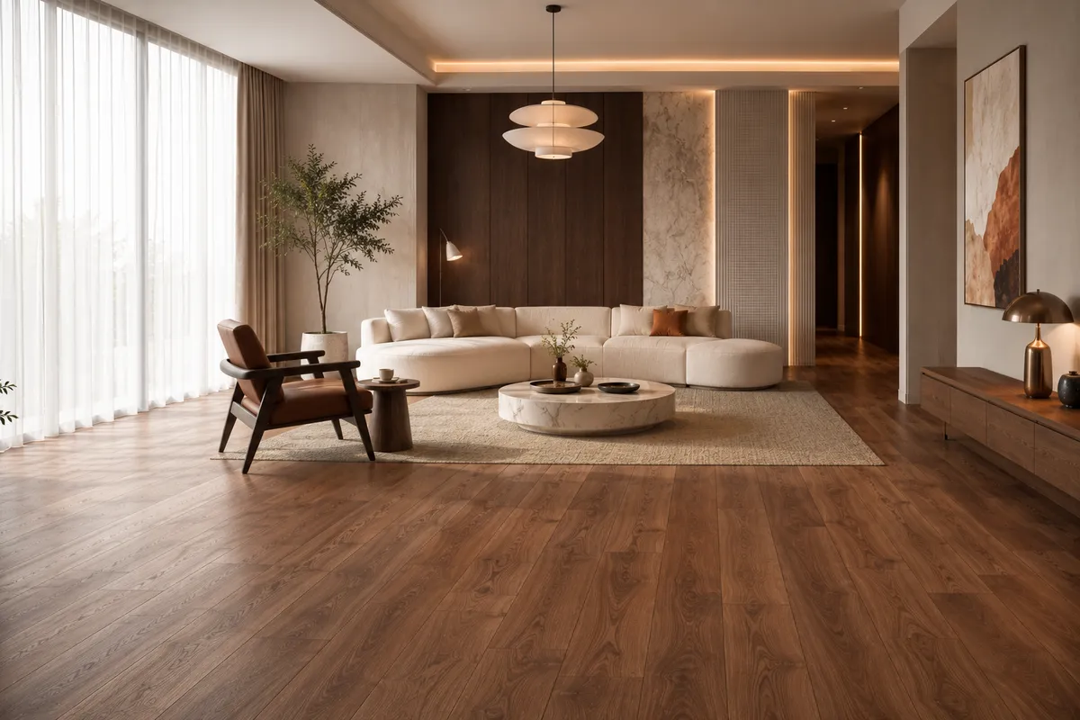 Laminate wood flooring installed in a living room