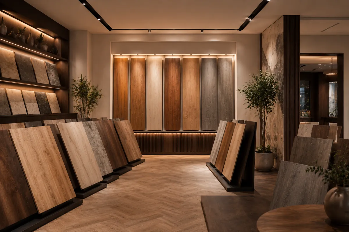 Wood and stone flooring samples on display in a showroom