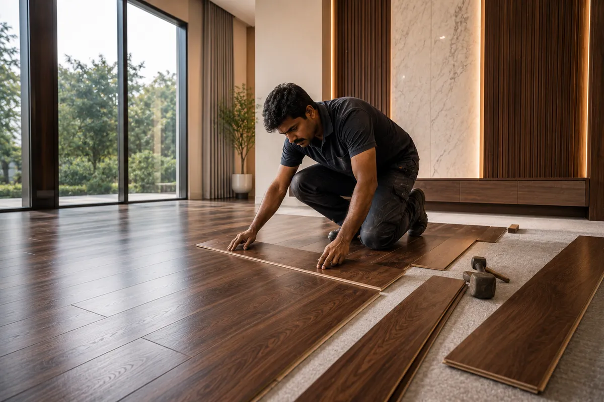Installer laying wood plank flooring in an empty room