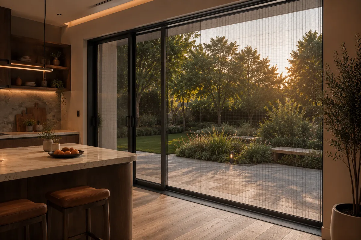 Mosquito mesh screen on a kitchen patio sliding door
