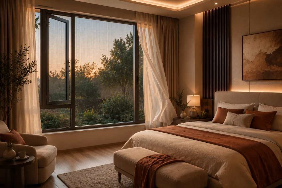 Mosquito mesh screen on a bedroom casement window