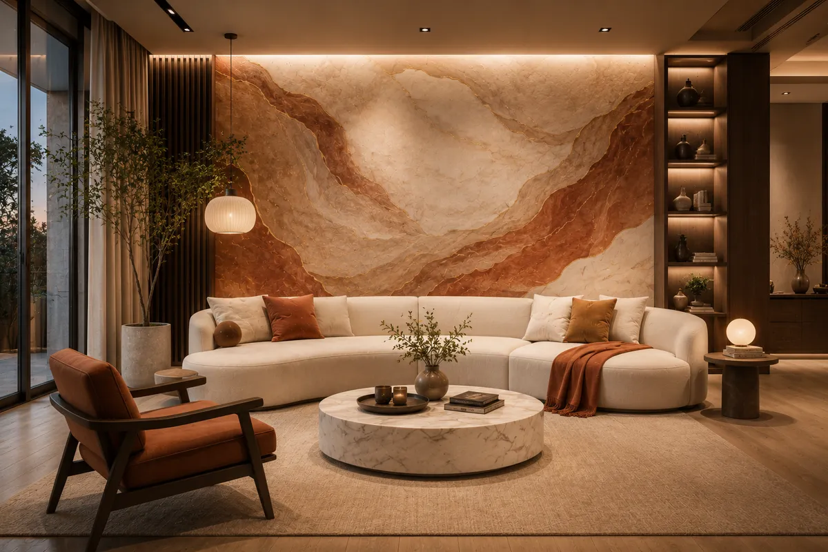 Textured stone-look feature wall behind a living room sofa