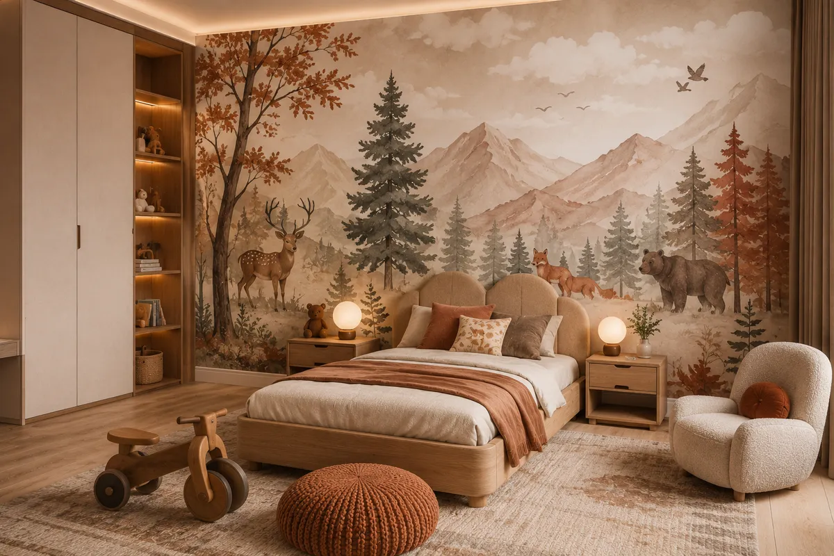 Forest and animal mural wallpaper in a kids bedroom