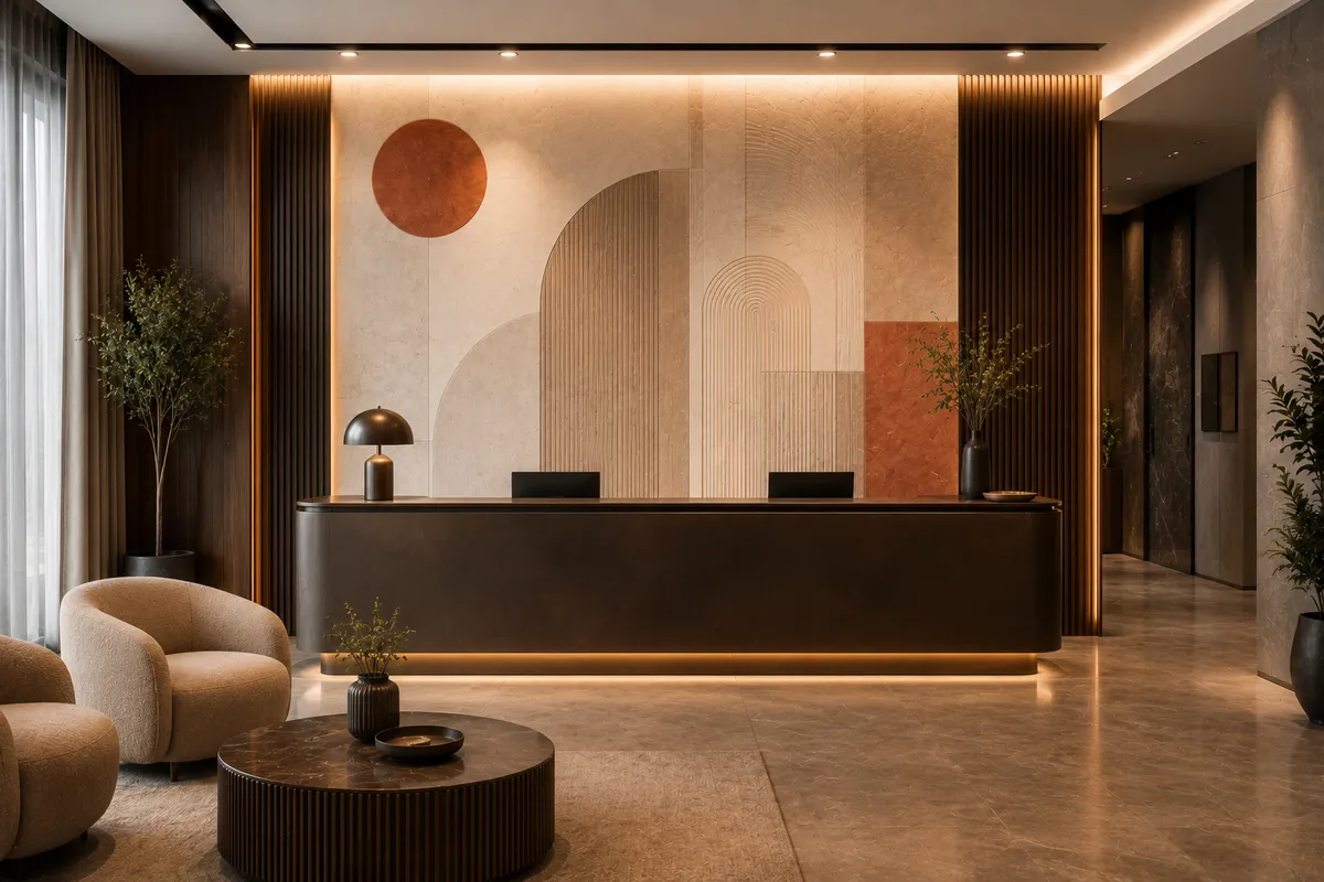 Geometric patterned wallpaper on a reception accent wall