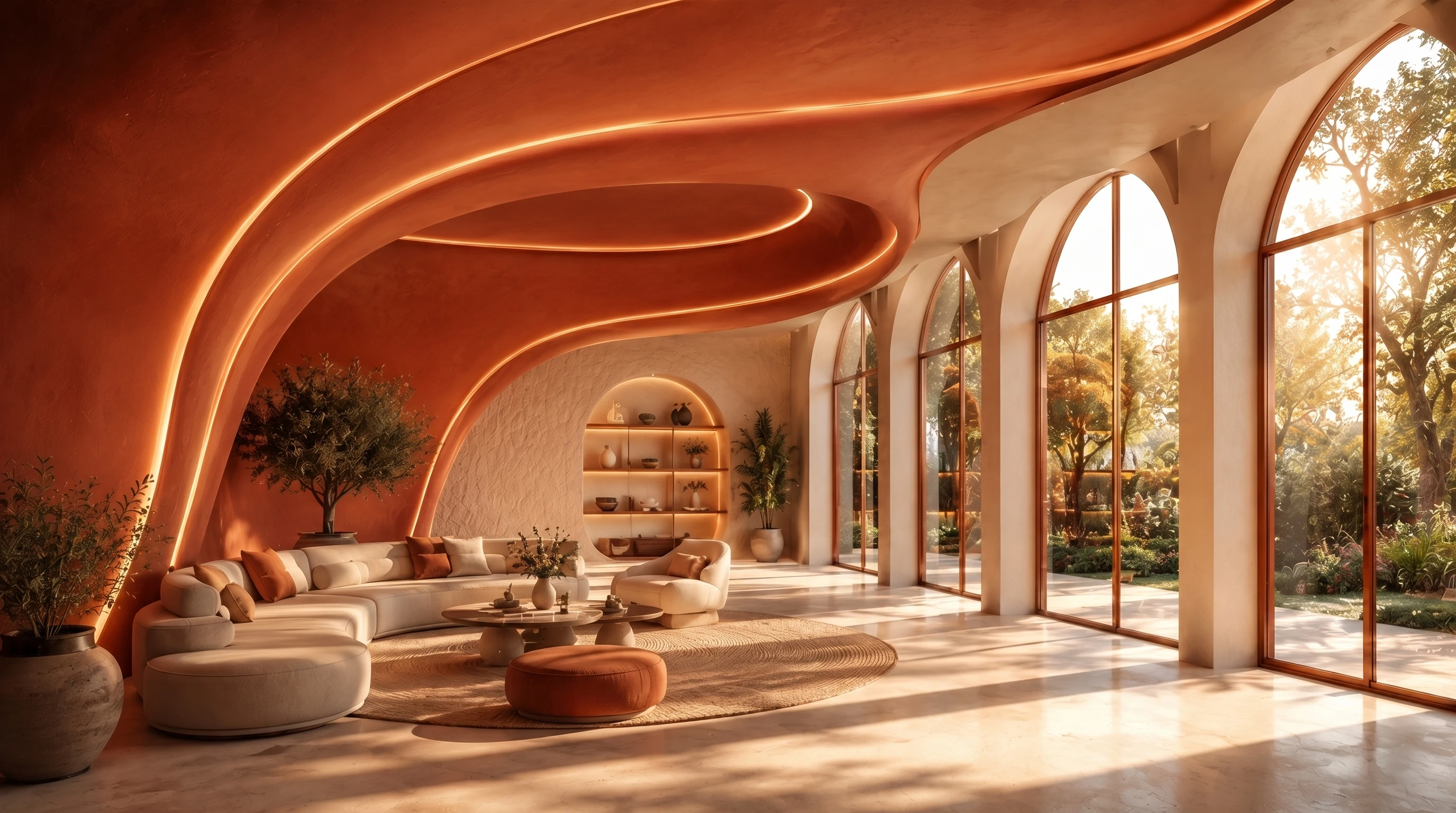 Dramatic terracotta arched interior with curved ceiling, cream sofa and floor-to-ceiling garden windows