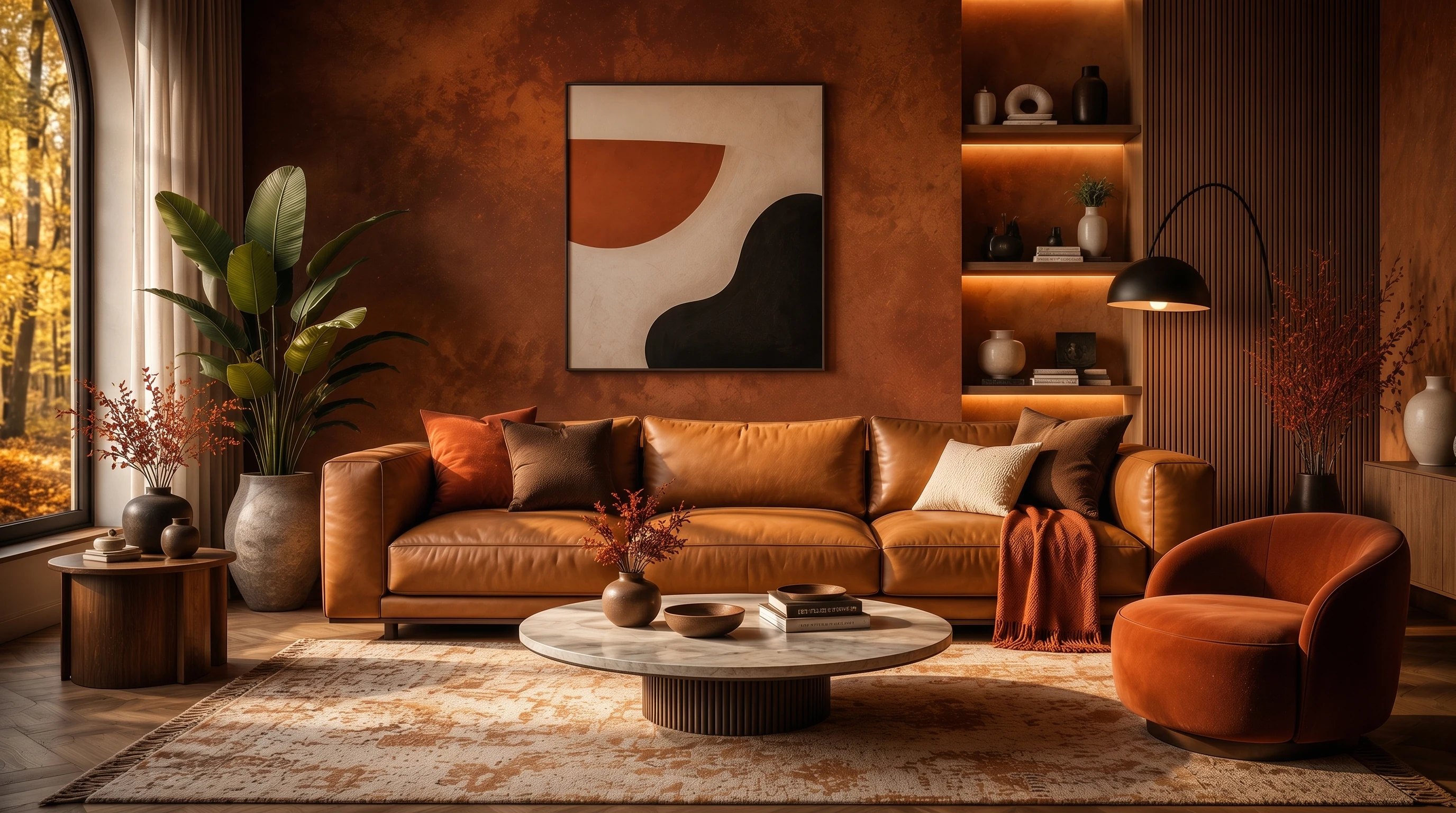 Warm terracotta living room with caramel leather sofa and autumn foliage through arched window