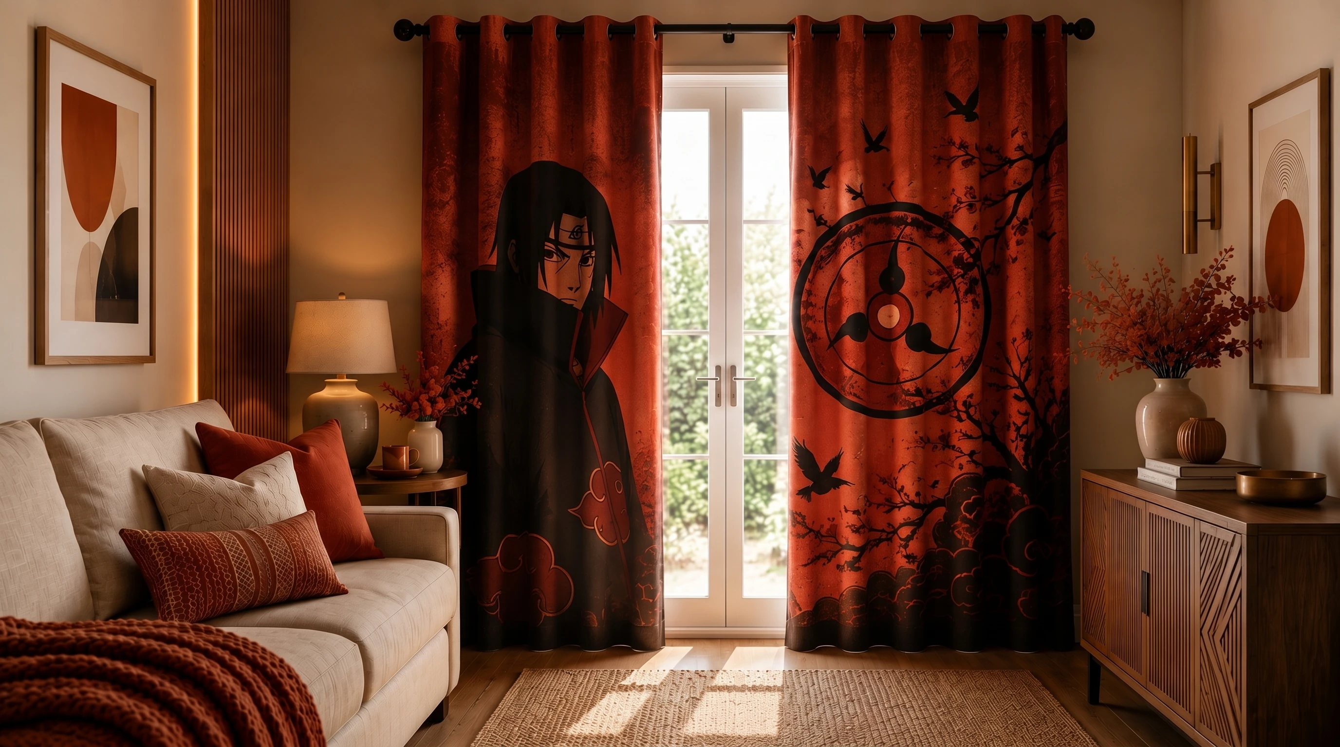 Warm living room with bold rust curtains featuring dramatic dark pattern, cream sofa and ambient lighting
